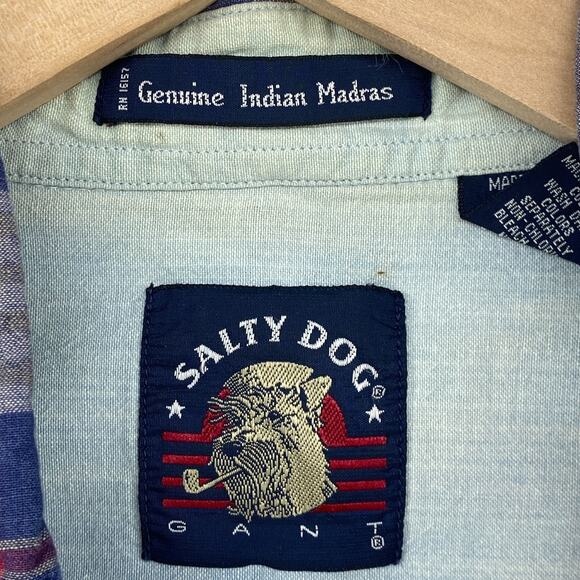GANT Shirt Men L SALTY DOG Indian Madras Plaid Half Sleeve Button Up Cotton Blue - Picture 6 of 11
